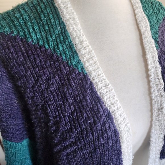 Roxy Knitted Open Weave Cardigan Sweater XS Navy Green White Grannycore Beach - Picture 3 of 7